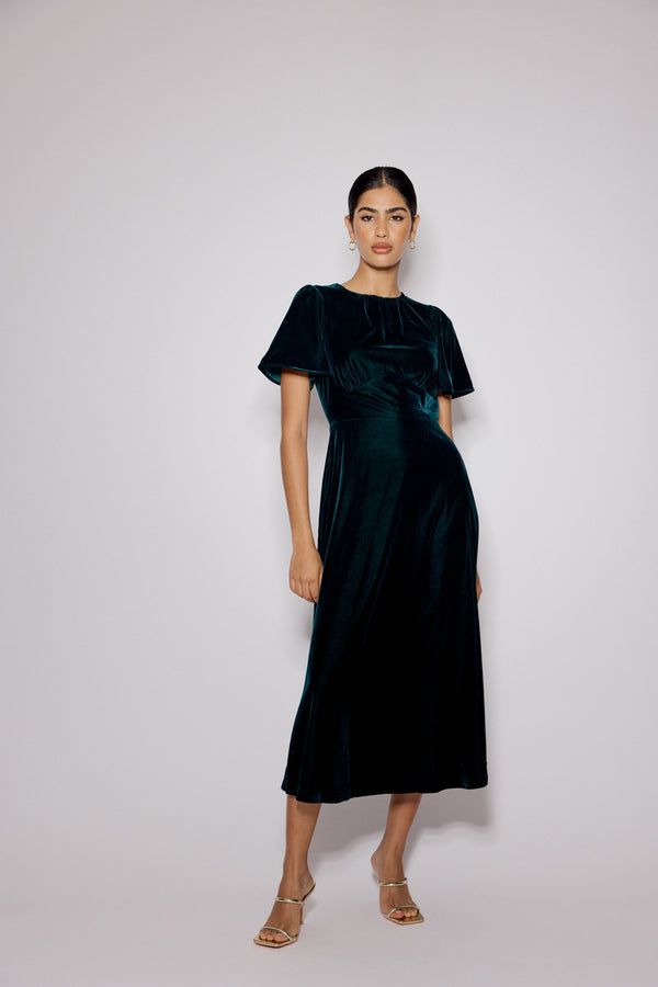 nobody’s child Dark Green Velvet A-Line Allegra Midi Dress