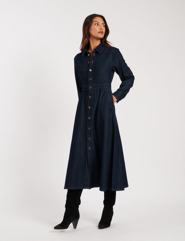 Nobody’s Child Dark Wash Denim Graceland Midi Shirt Dress