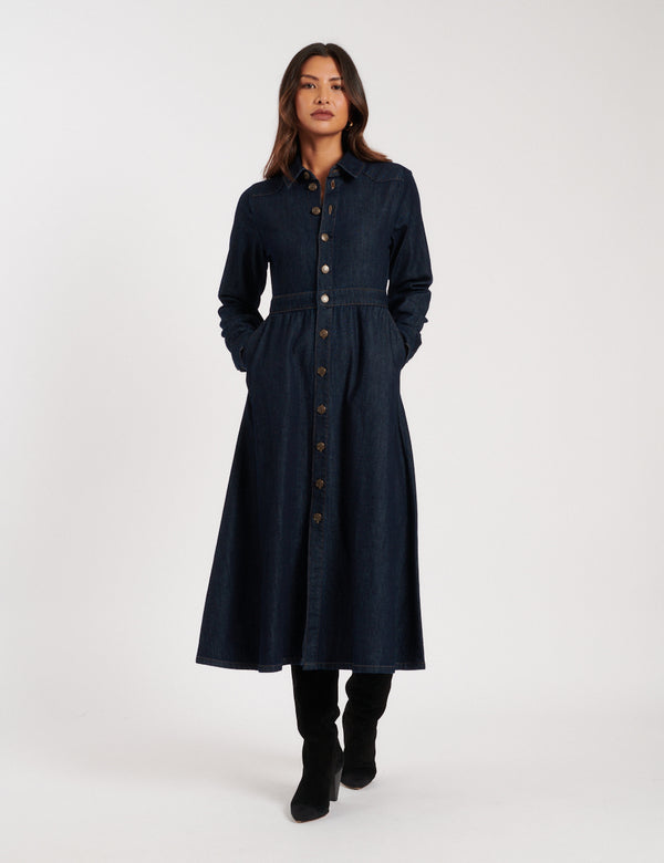 nobody’s child Dark Wash Denim Graceland Midi Shirt Dress