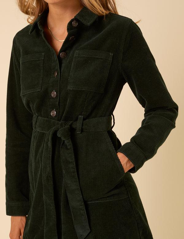 Nobody’s Child Forest Green Cord Long Sleeve Finchley Mini Dress