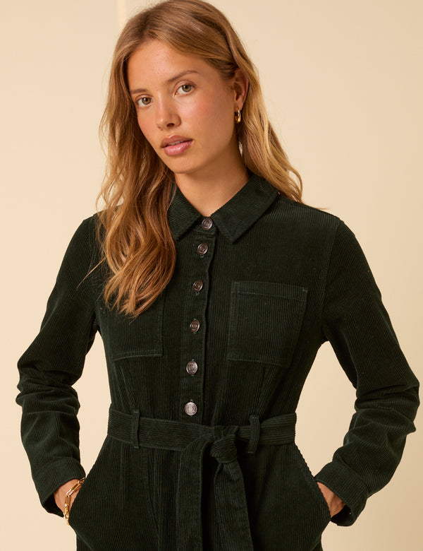 Nobody’s Child Forest Green Cord Long Sleeve Finchley Mini Dress