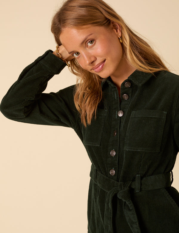 Nobody’s Child Forest Green Cord Long Sleeve Finchley Mini Dress