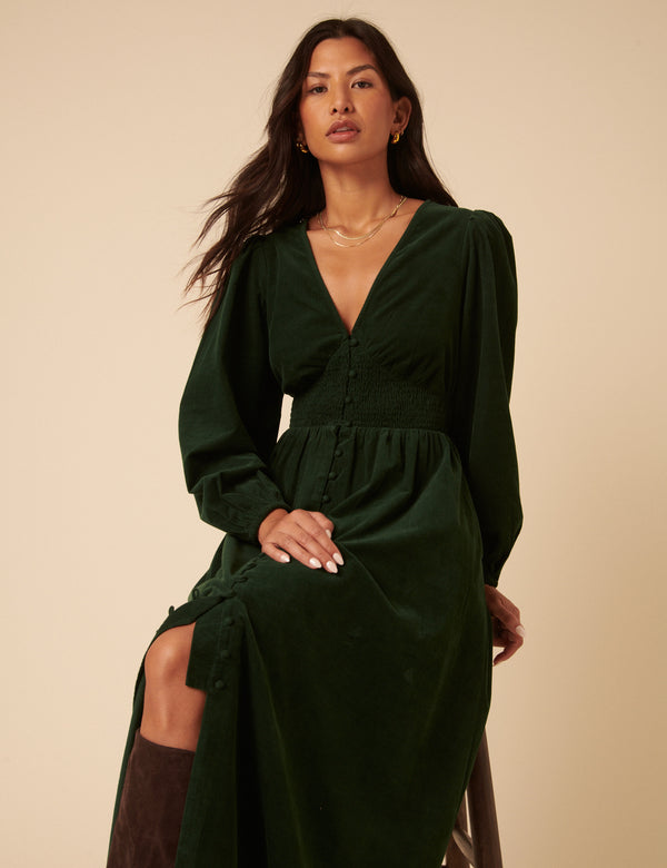 Nobody’s Child Forest Green Cord Long Sleeve Riley Midi Dress