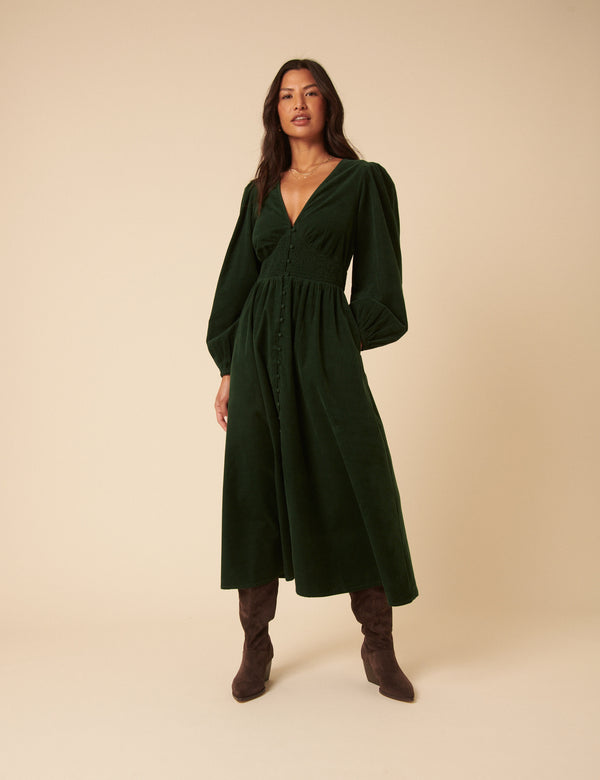Nobody’s Child Forest Green Cord Long Sleeve Riley Midi Dress
