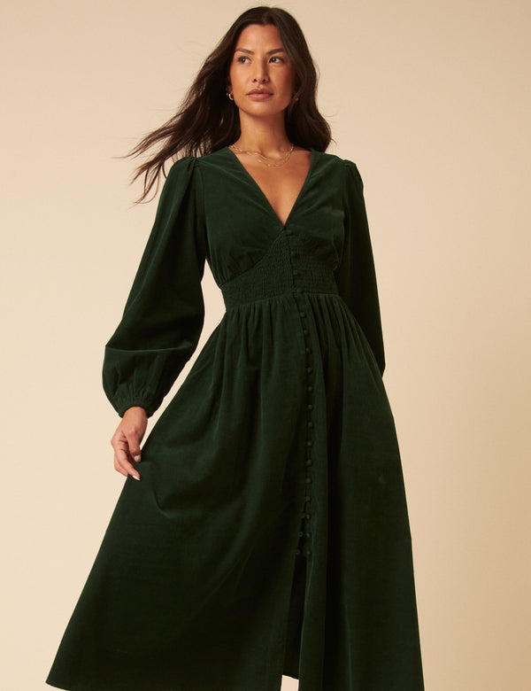 nobody’s child Forest Green Cord Long Sleeve Riley Midi Dress