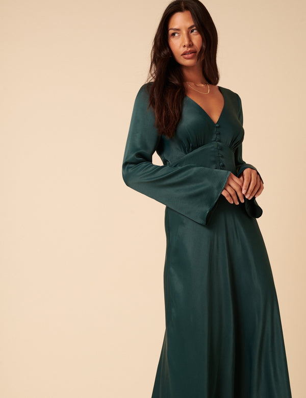 Nobody’s Child Forest Green Satin Long Sleeve Stella Midi Dress