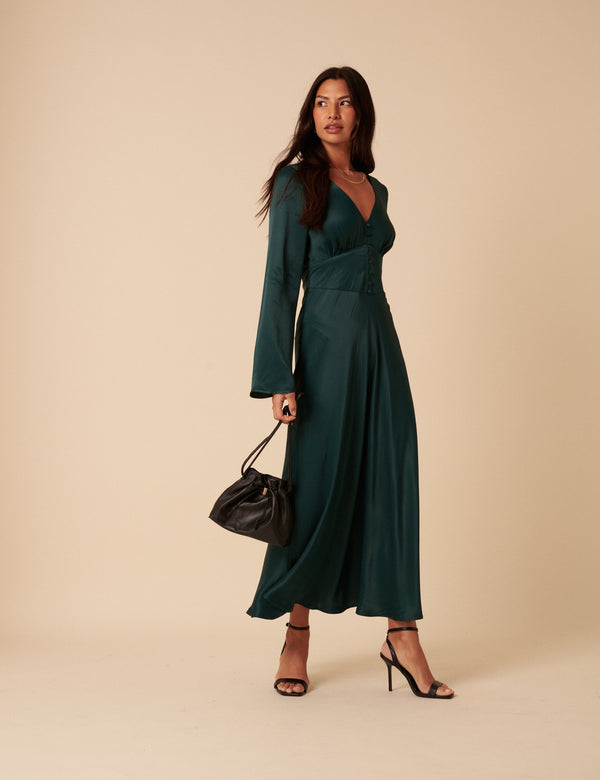 Nobody’s Child Forest Green Satin Long Sleeve Stella Midi Dress