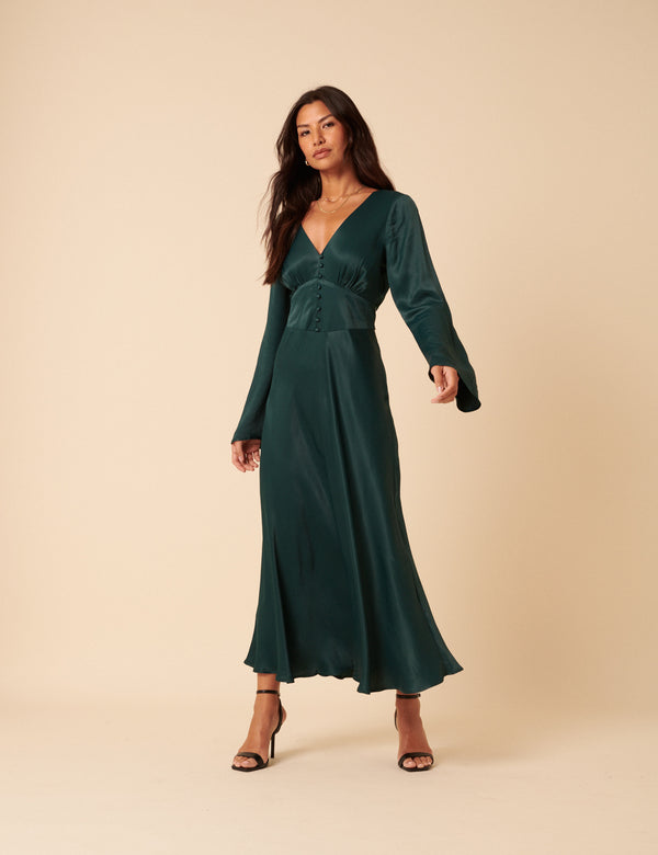 nobody’s child Forest Green Satin Long Sleeve Stella Midi Dress