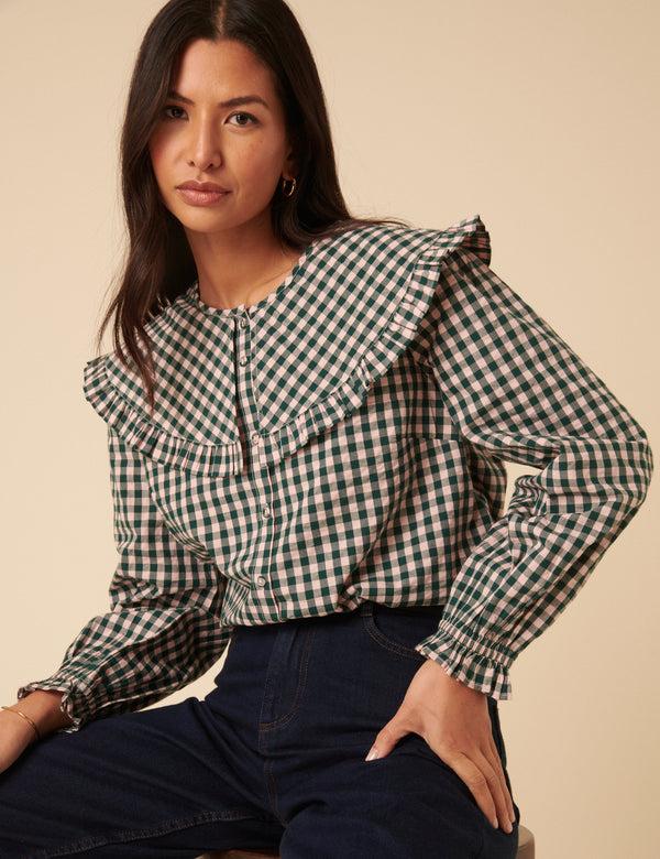 Nobody’s Child Green And Pink Gingham Collared Blouse