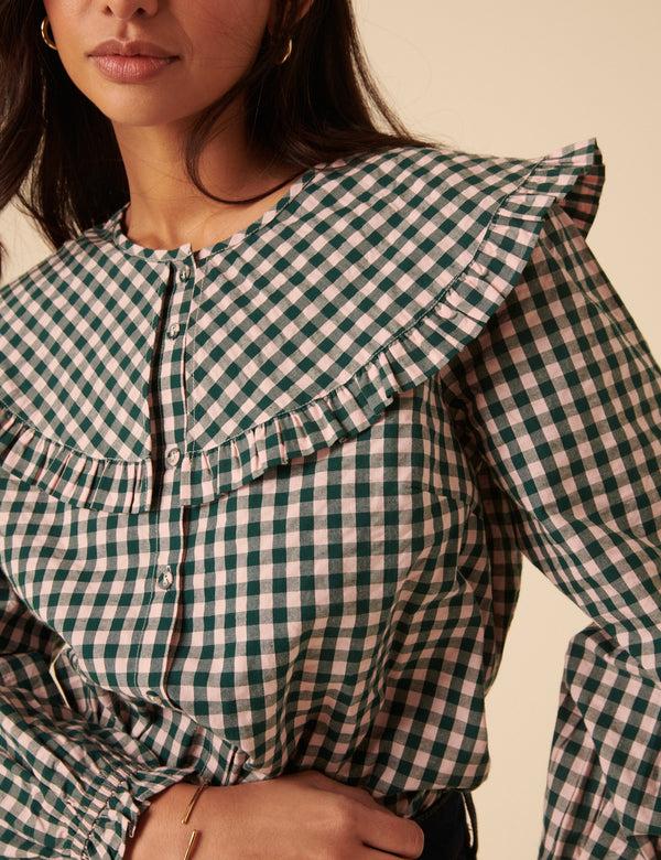 Nobody’s Child Green And Pink Gingham Collared Blouse