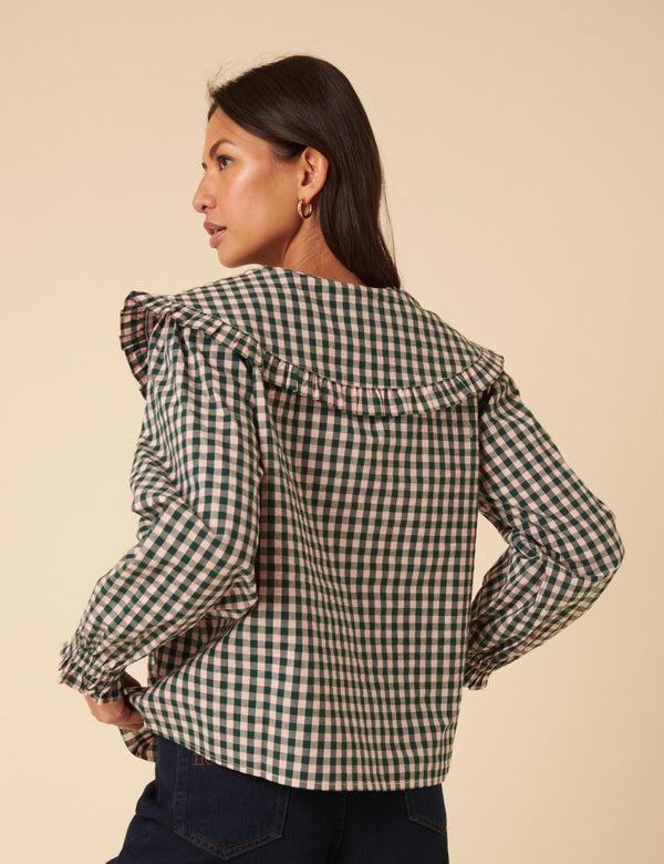 Nobody’s Child Green And Pink Gingham Collared Blouse