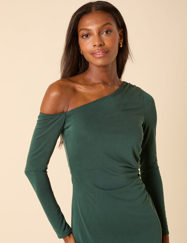 Nobody’s Child Green Asymmetric Long Sleeve Bethany Midi Dress