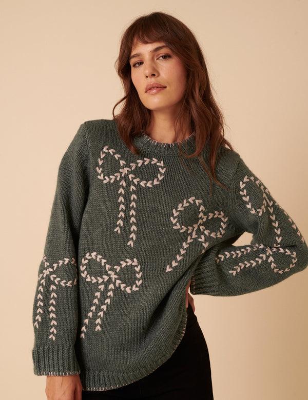 nobody’s child Green Bow Embroidered Knitted Jumper
