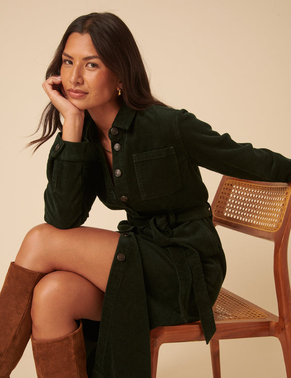 Nobody’s Child Green Cord Finchley Midi Shirt Dress