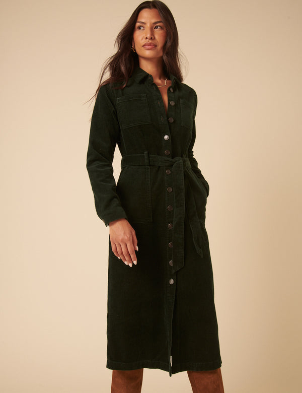 Nobody’s Child Green Cord Finchley Midi Shirt Dress