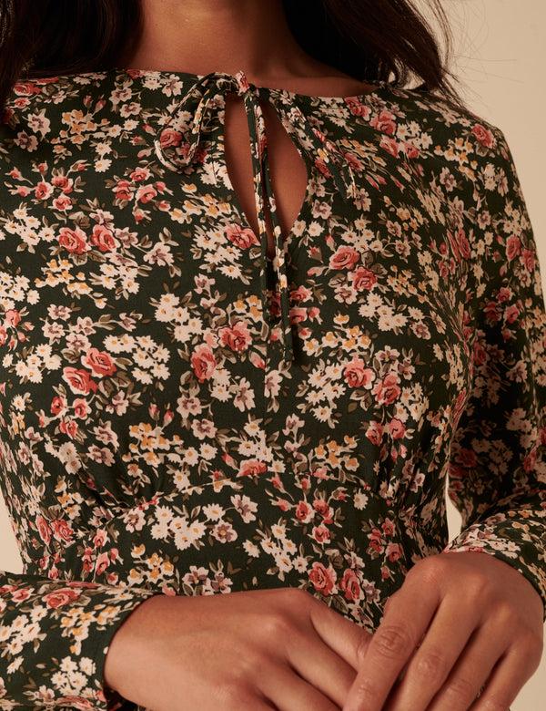 Nobody’s Child Green Ditsy Floral Long Sleeve Tessa Mini Dress