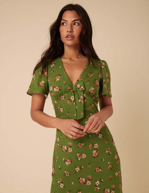 Nobody’s Child Green Floral Bow Front Faith Midi Dress