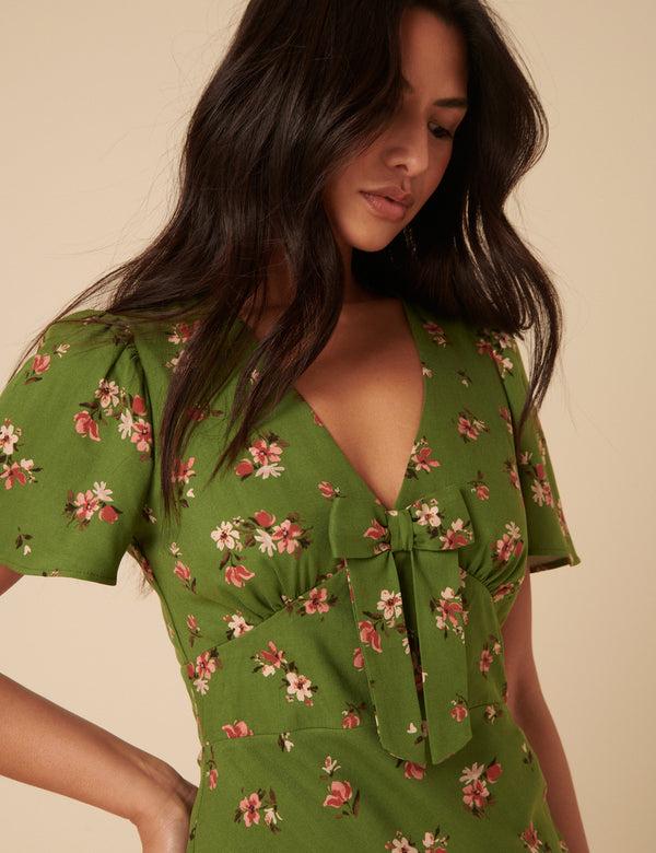 Nobody’s Child Green Floral Bow Front Faith Midi Dress