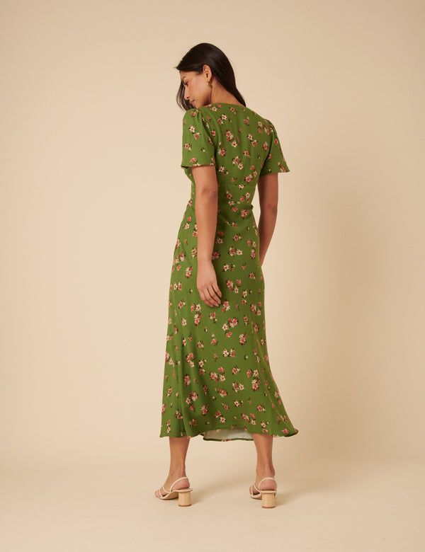 Nobody’s Child Green Floral Bow Front Faith Midi Dress