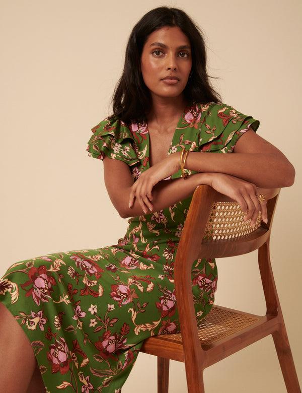 Nobody’s Child Green Floral Frill Sleeve Layla Midi Dress
