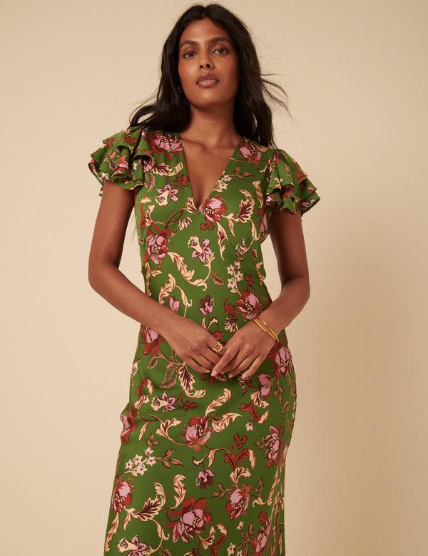 Nobody’s Child Green Floral Frill Sleeve Layla Midi Dress