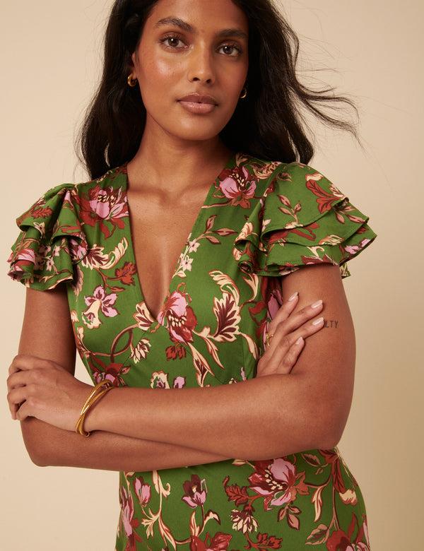 Nobody’s Child Green Floral Frill Sleeve Layla Midi Dress