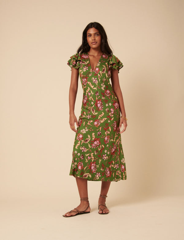 nobody’s child Green Floral Frill Sleeve Layla Midi Dress