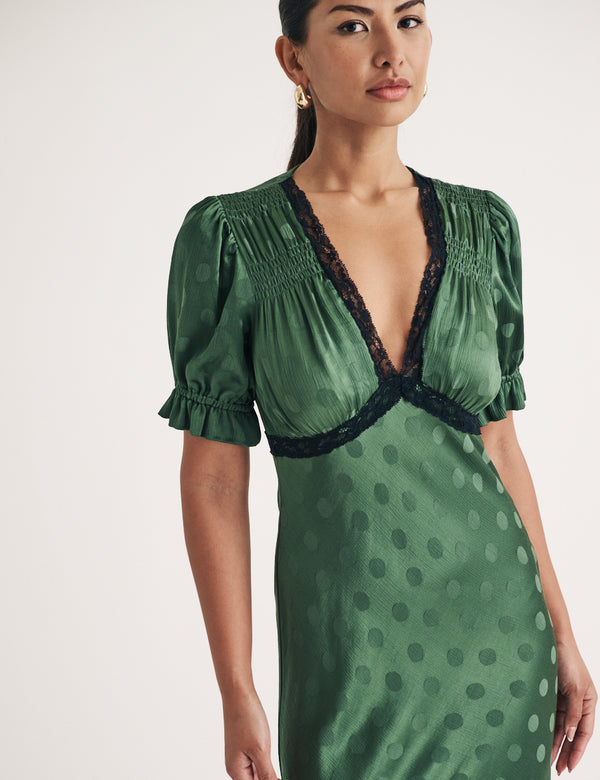 Nobody’s Child Green Jacquard Polka Dot Angela Midi Dress