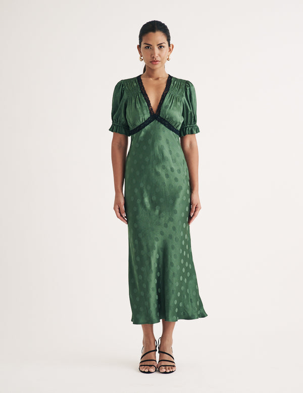 Nobody’s Child Green Jacquard Polka Dot Angela Midi Dress