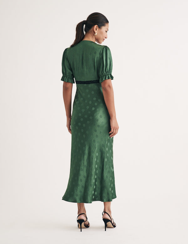 Nobody’s Child Green Jacquard Polka Dot Angela Midi Dress