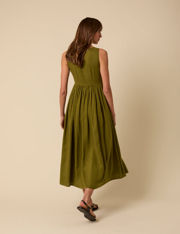Nobody’s Child Green Linen-blend Drop Waist Cora Midi Dress