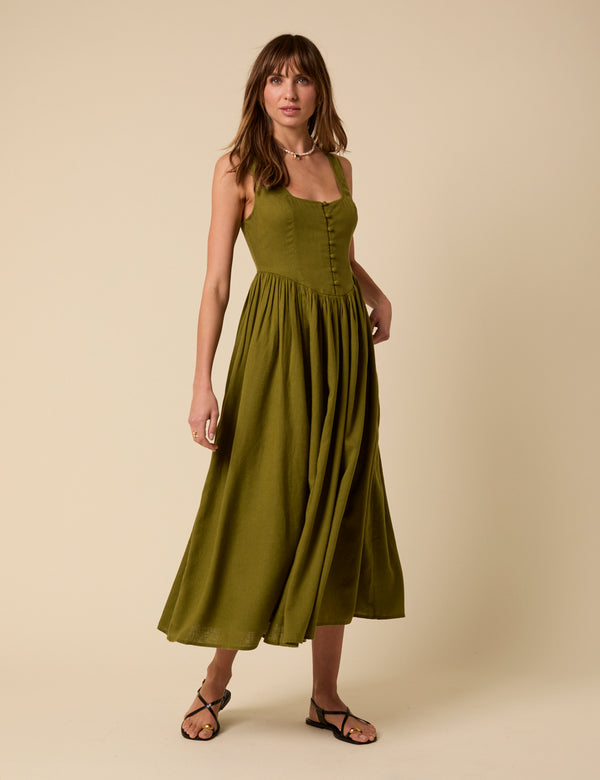 nobody’s child Green Linen-blend Drop Waist Cora Midi Dress