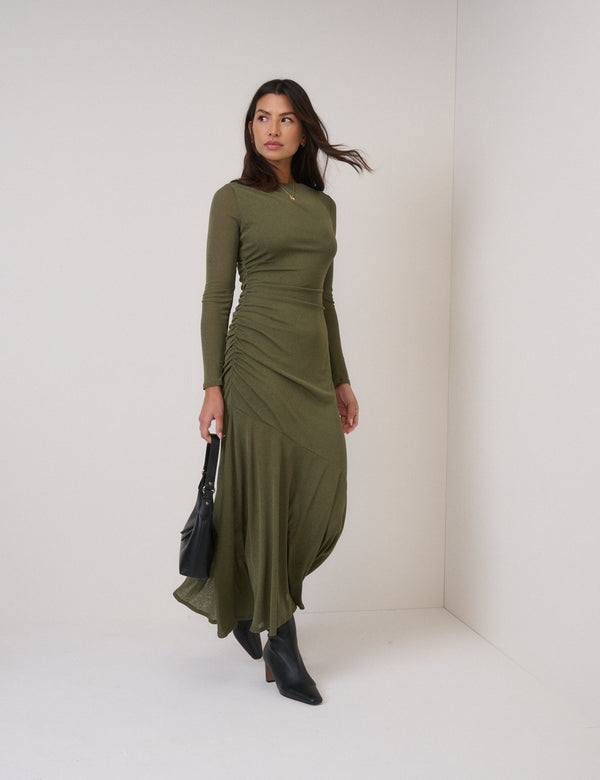 Nobody’s Child Green Long Sleeve Draped Tallulah Midi Dress