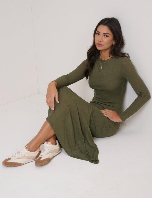 Nobody’s Child Green Long Sleeve Draped Tallulah Midi Dress