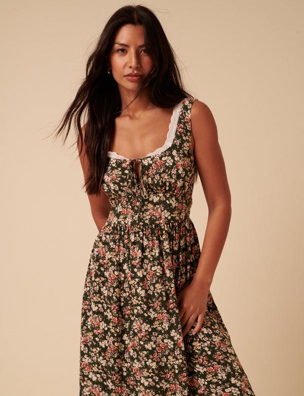 Nobody’s Child Green & Pink Floral Heather Midi Dress