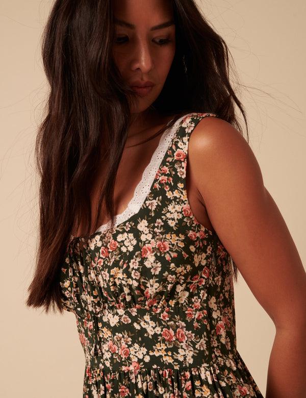 Nobody’s Child Green & Pink Floral Heather Midi Dress