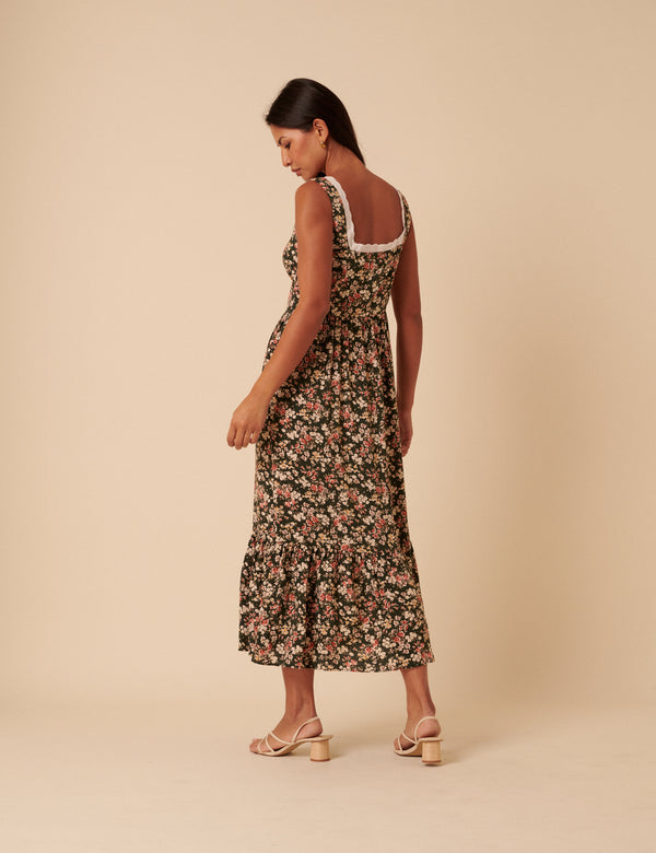 Nobody’s Child Green & Pink Floral Heather Midi Dress