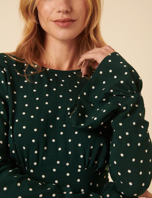 Nobody’s Child Green Polka Dot Flute Sleeve Mini Dress