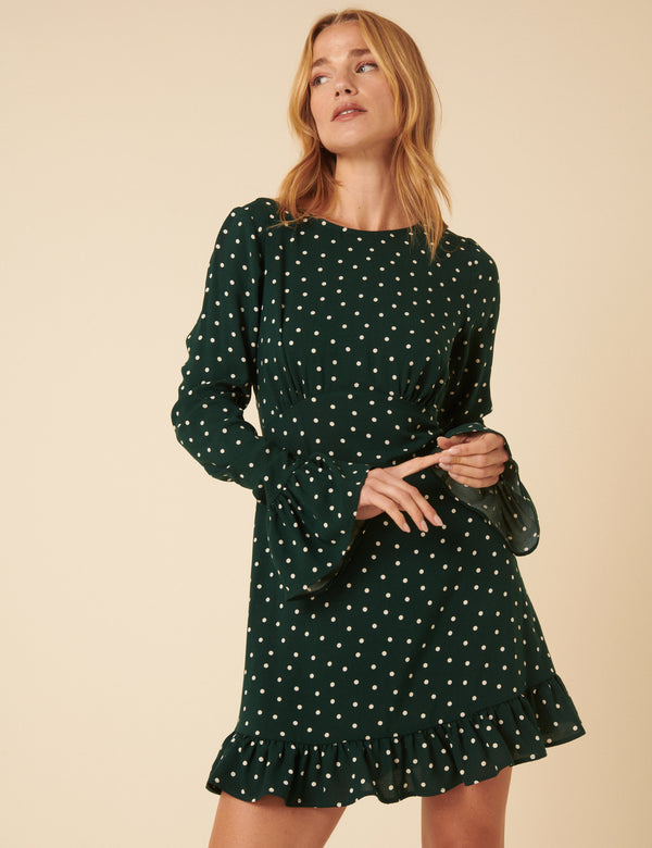nobody’s child Green Polka Dot Flute Sleeve Mini Dress