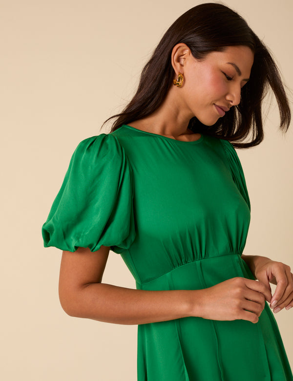 Nobody’s Child Green Satin Puff Sleeve Quinn Midi Dress