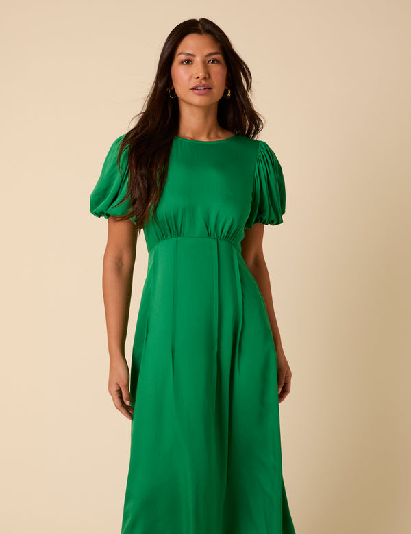 Nobody’s Child Green Satin Puff Sleeve Quinn Midi Dress