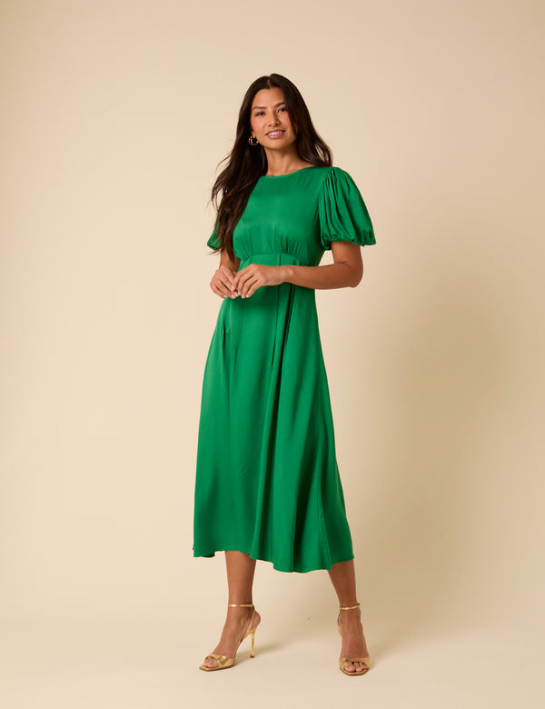 nobody’s child Green Satin Puff Sleeve Quinn Midi Dress