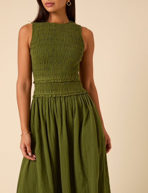 Nobody’s Child Green Shirred Bodice Ingrid Midi Dress