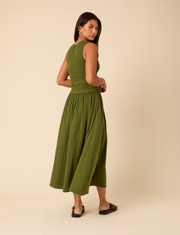 Nobody’s Child Green Shirred Bodice Ingrid Midi Dress
