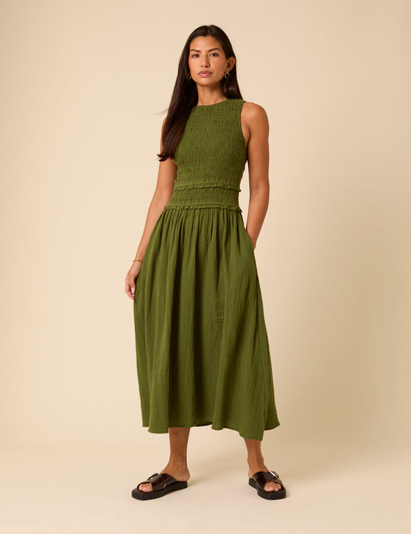 nobody’s child Green Shirred Bodice Ingrid Midi Dress