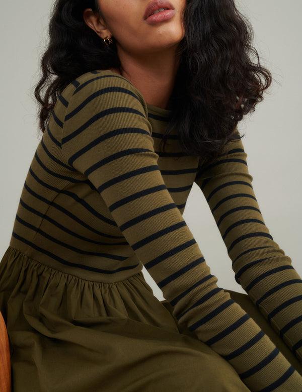 Nobody’s Child Green Striped Long Sleeve A-Line Penni Midi Dress
