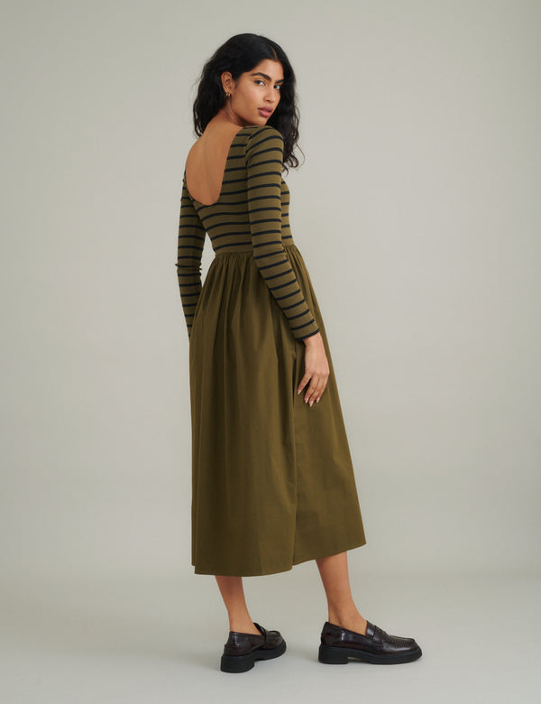 Nobody’s Child Green Striped Long Sleeve A-Line Penni Midi Dress