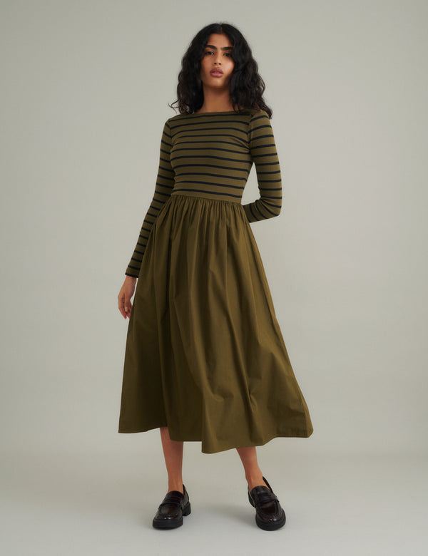 nobody’s child Green Striped Long Sleeve A-Line Penni Midi Dress