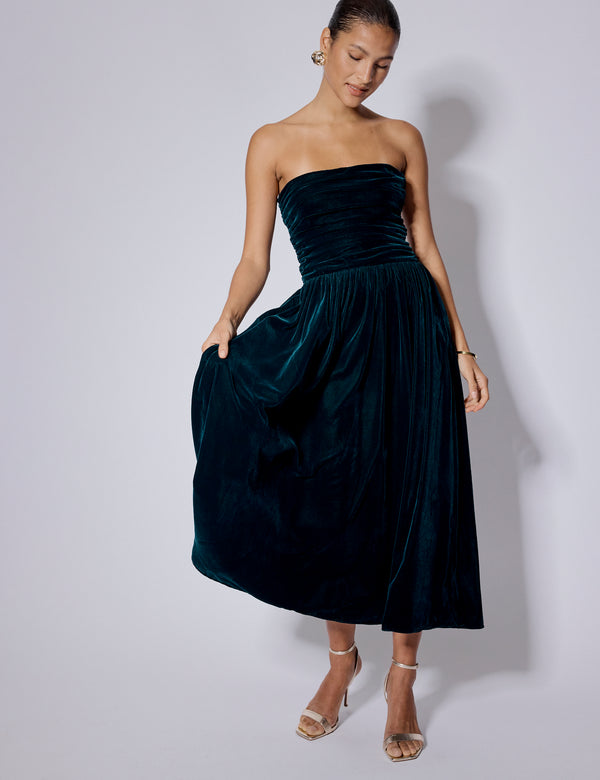Nobody’s Child Green Velvet Bandeau Felicity Midi Dress