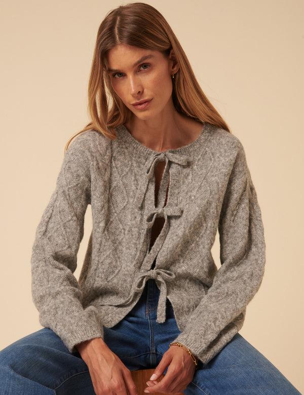 nobody’s child Grey Tie Front Cable Knitted Cardigan